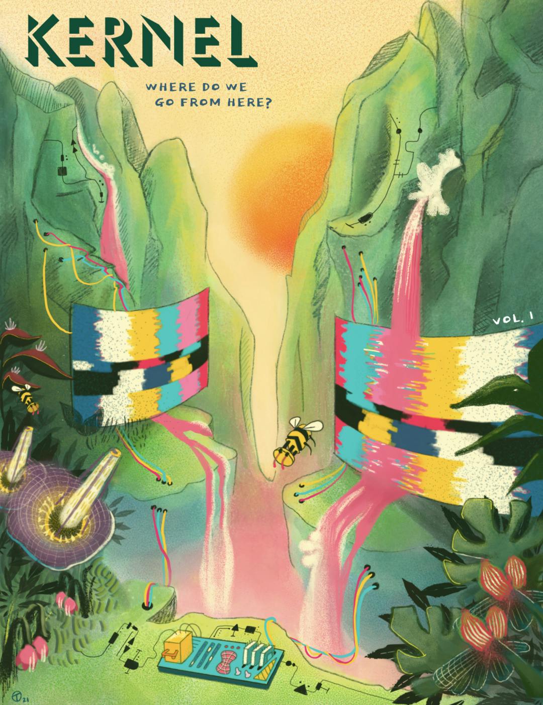 Cover image art for issue 2 of Kernel Magaizne. The sky is blue at the top and pink at the bottom, with soft clouds and two rectangular window-like openings through which the sun is shining down. There is a green mountain in the distance, behind which the word Kernel emerges, below which the words 'How do we get there?' are written. From a large hole in the base of the mountain emerges a train from which happy figures are entering, exiting, and riding.