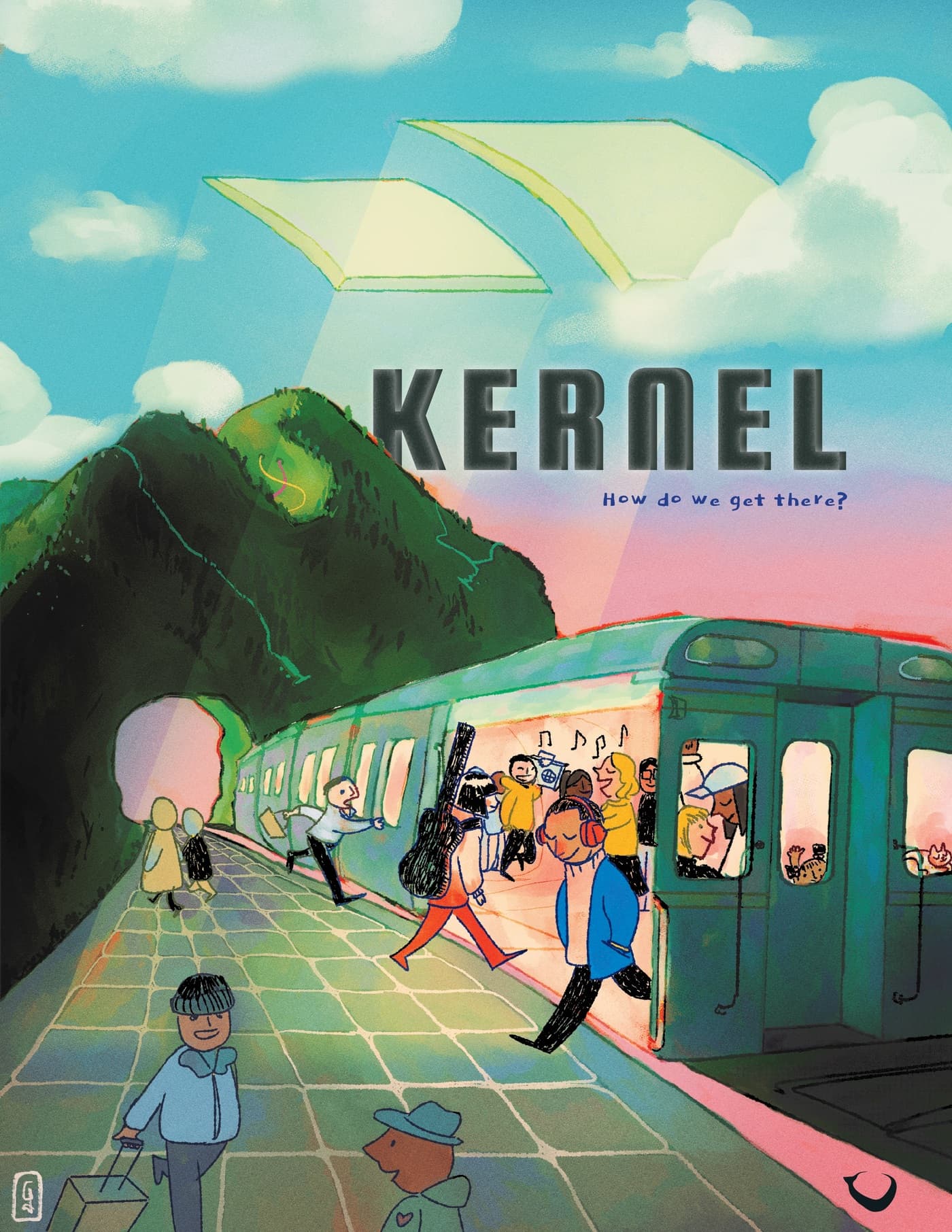 Cover image art for issue 2 of Kernel Magaizne. The sky is blue at the top and pink at the bottom, with soft clouds and two rectangular window-like openings through which the sun is shining down. There is a green mountain in the distance, behind which the word Kernel emerges, below which the words 'How do we get there?' are written. From a large hole in the base of the mountain emerges a train from which happy figures are entering, exiting, and riding.