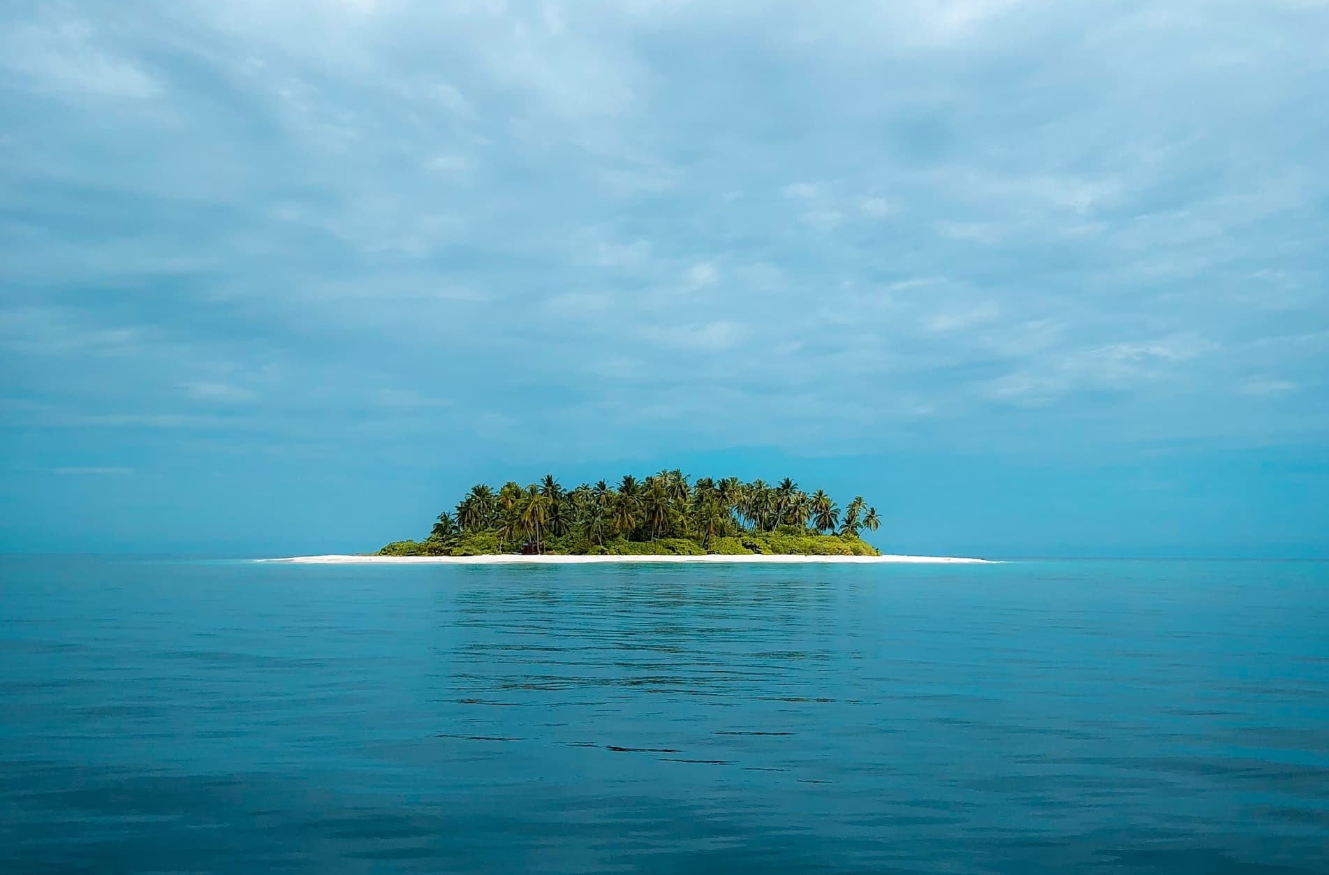 A small green island surrounded by blue water and a blue sky