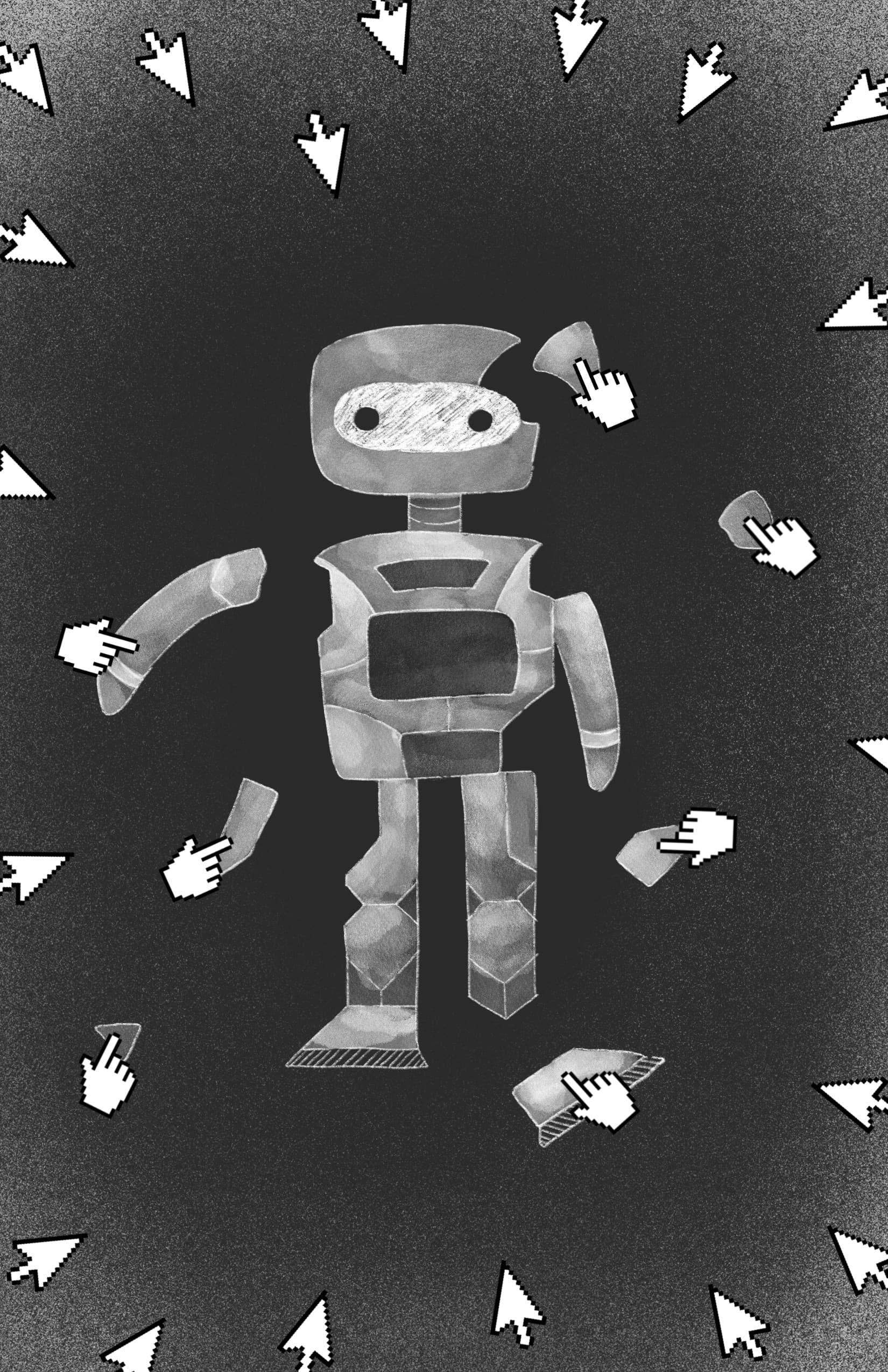 A robot is in the middle surrounded by various mouse cursors clicking on him, stealing variouys parts of his body