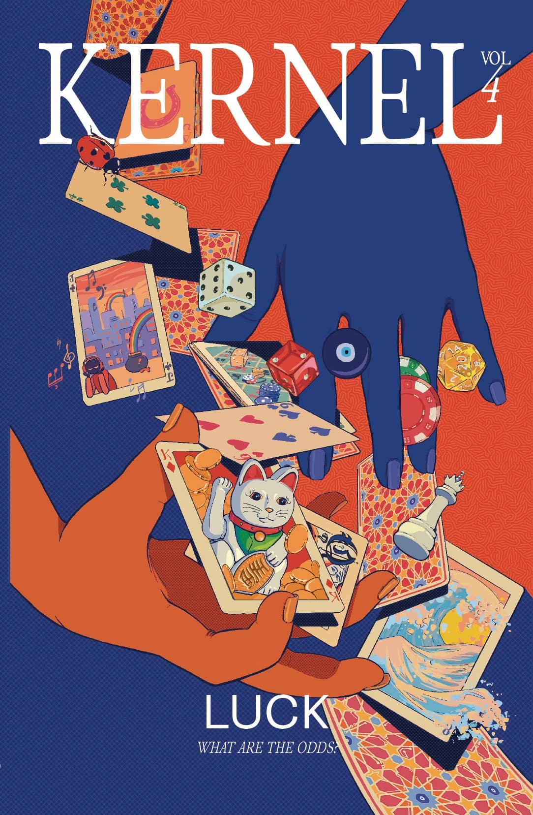 Cover image art for issue 4 of Kernel Magazine. On a blue and orange background, various cultural representations of luck (such as playing cards, a cat, fortunetelling hands, dice) cascade in a diagonal.