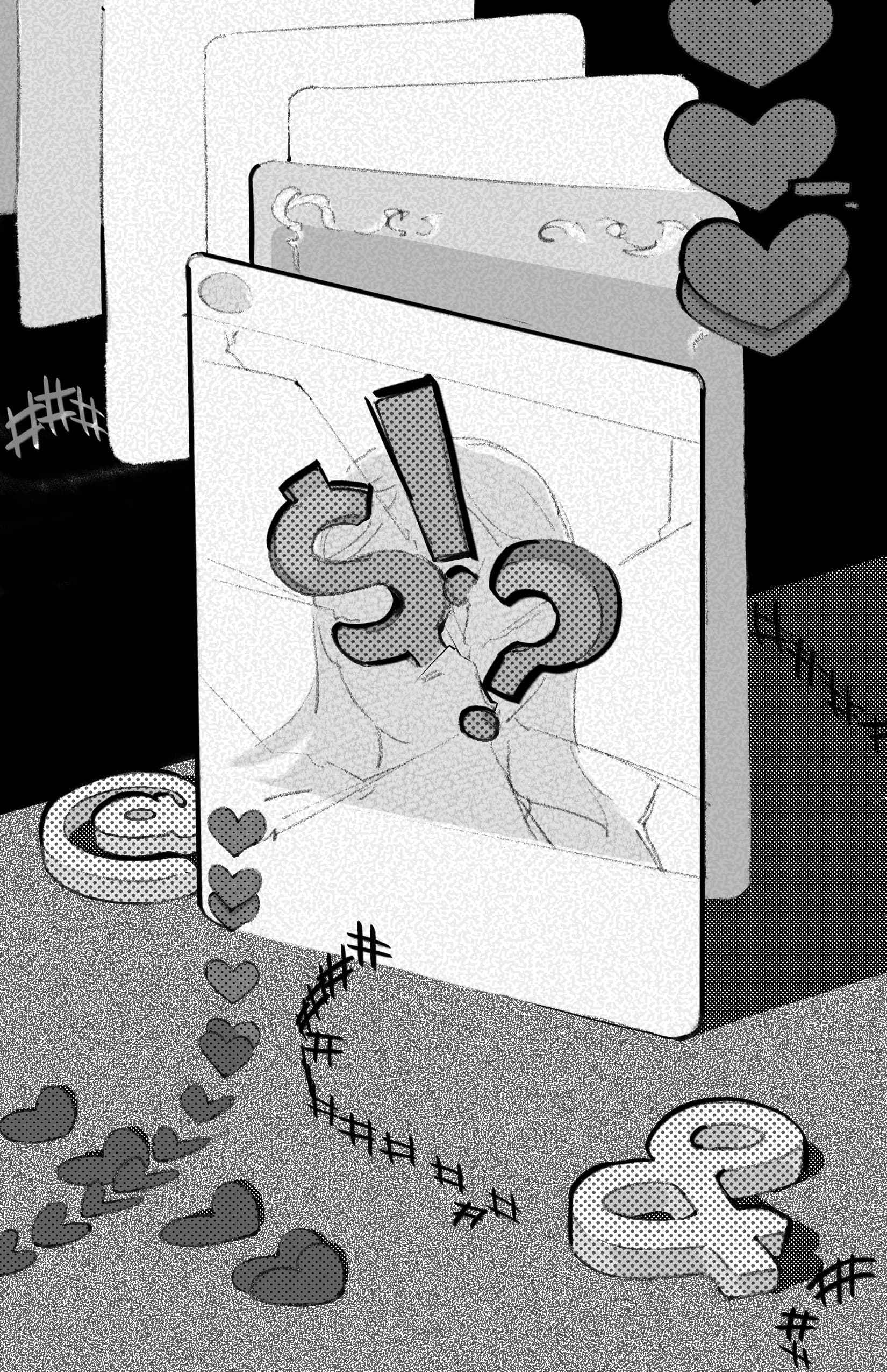A deck of cards with symbols like #, !, ?, & scattered around, almost suggestive of paths.
