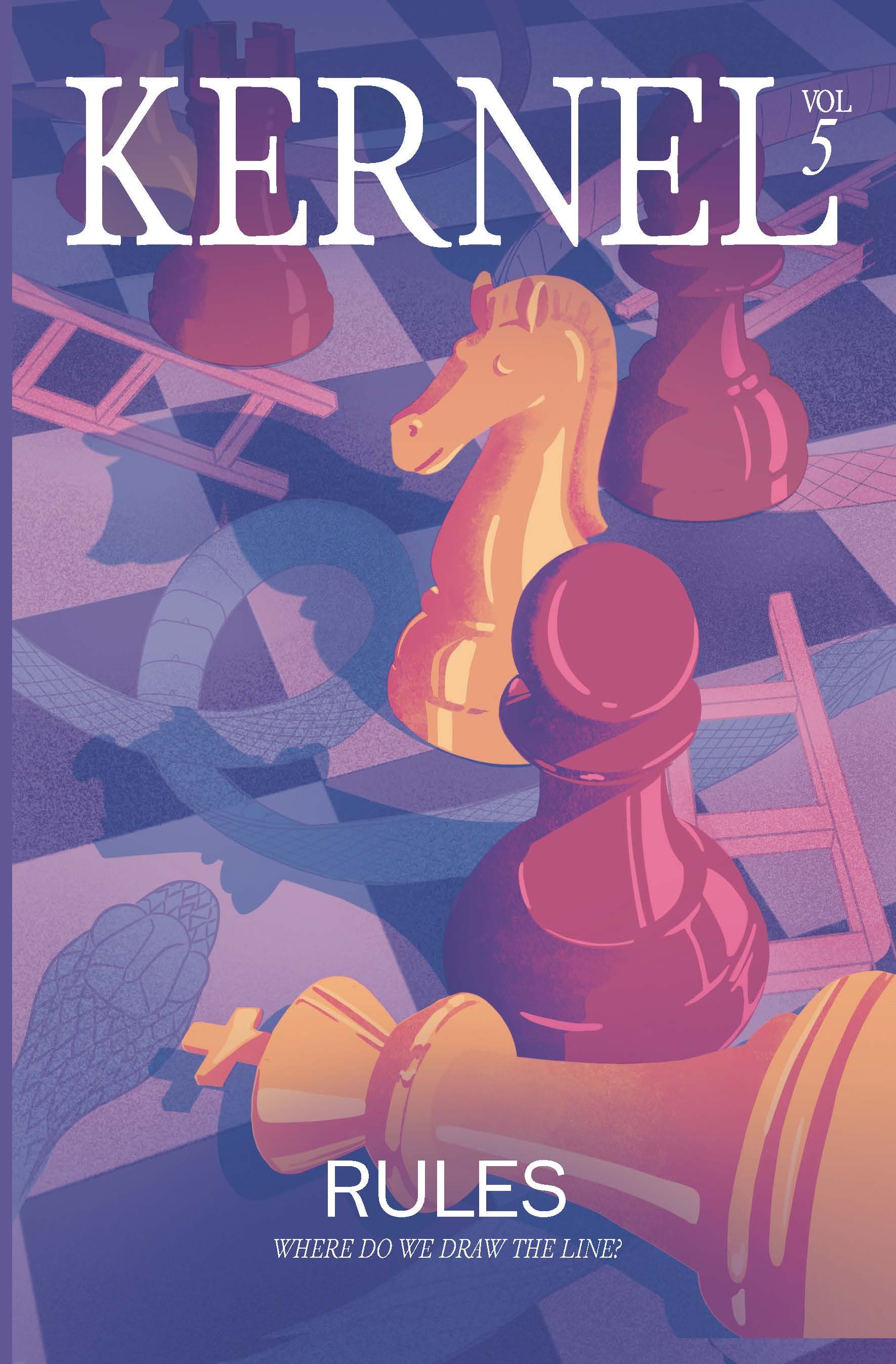 Cover image art for issue 5 of Kernel Magazine. On a purple-tinted checkerboard, various chess pieces and snakes and ladders are scattered.