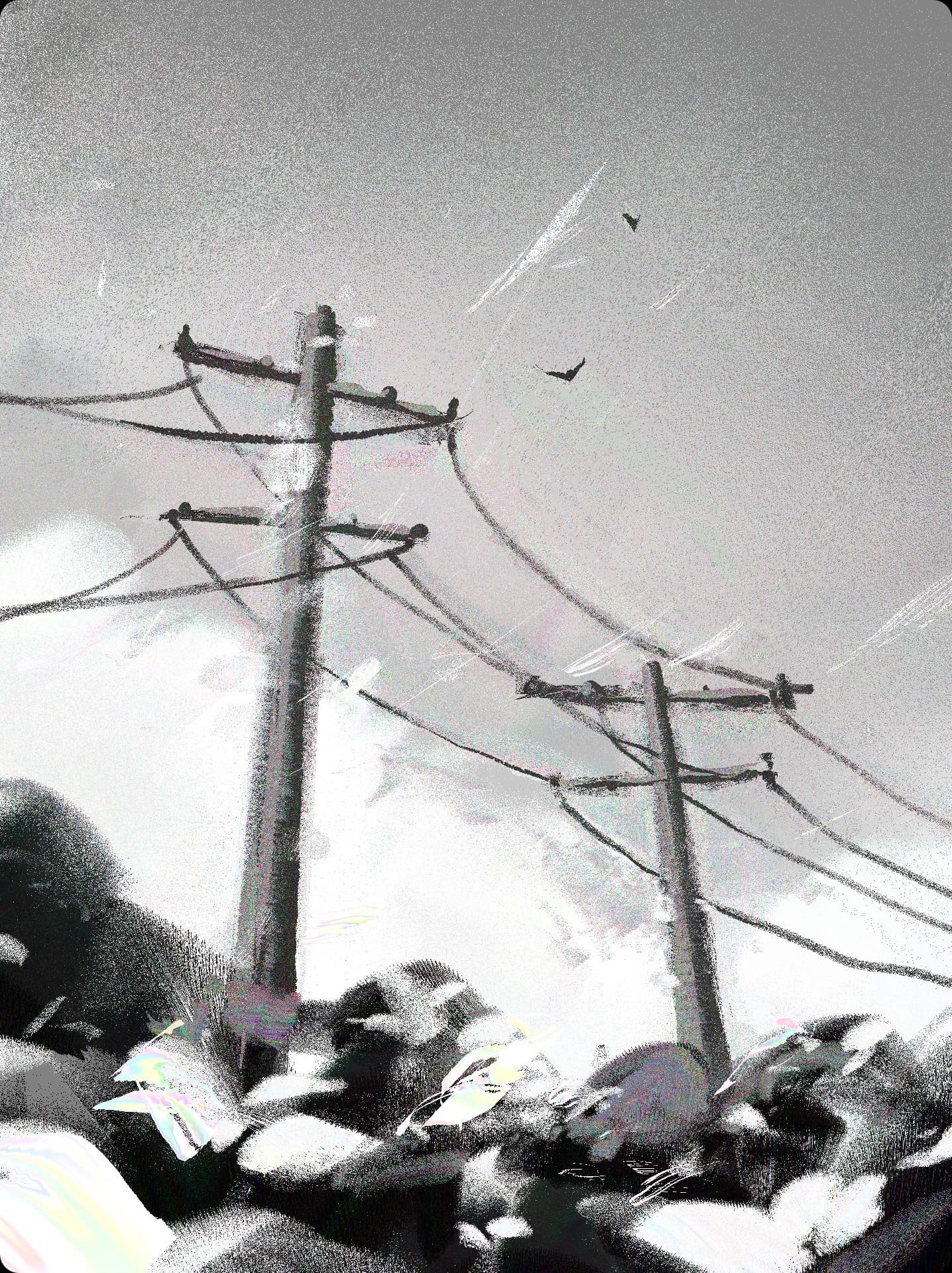 a telephone pole, with people walking below
