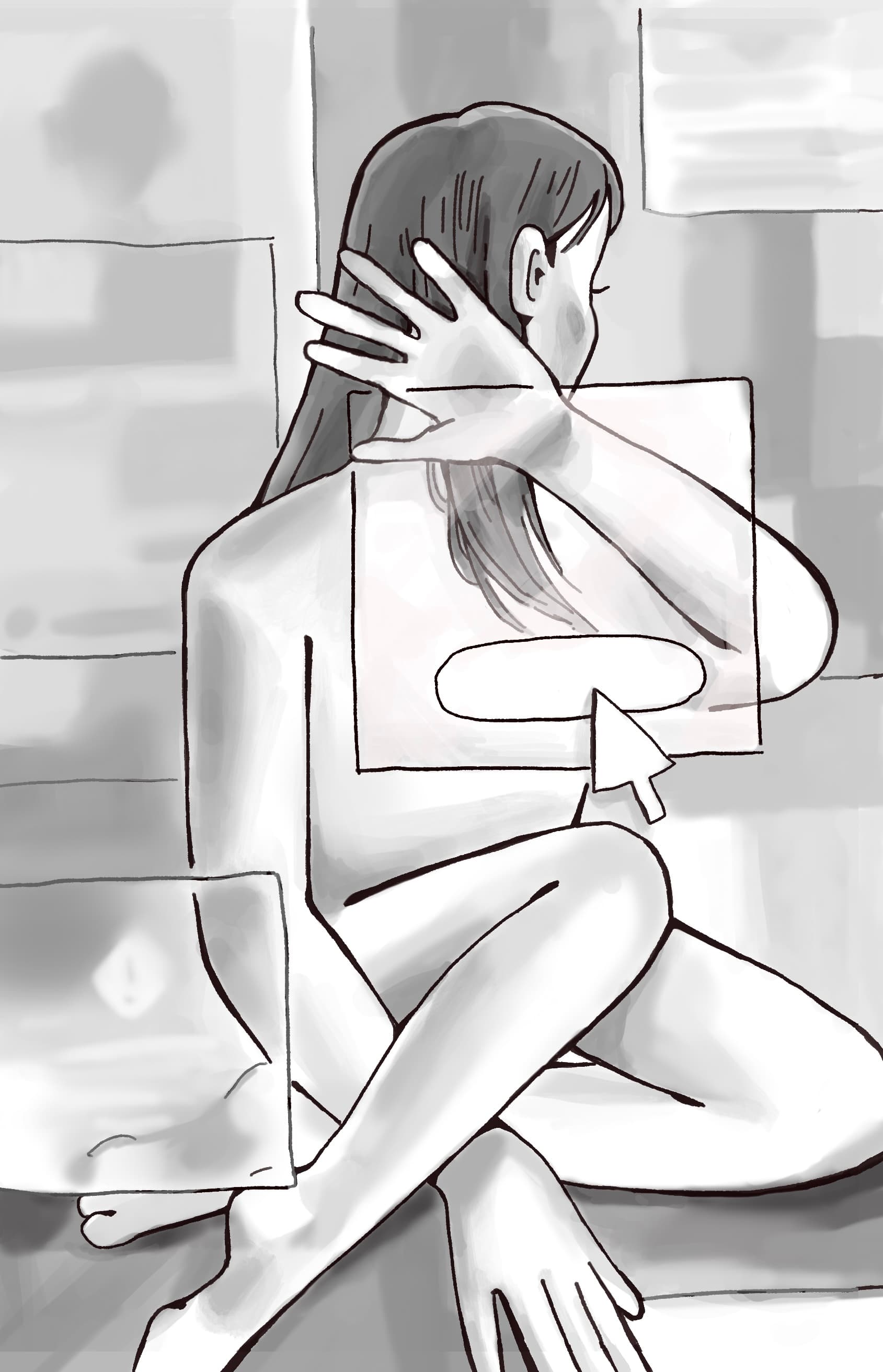 a nude figure looks away from the viewer; a number of translucent dialog boxes cover their form
