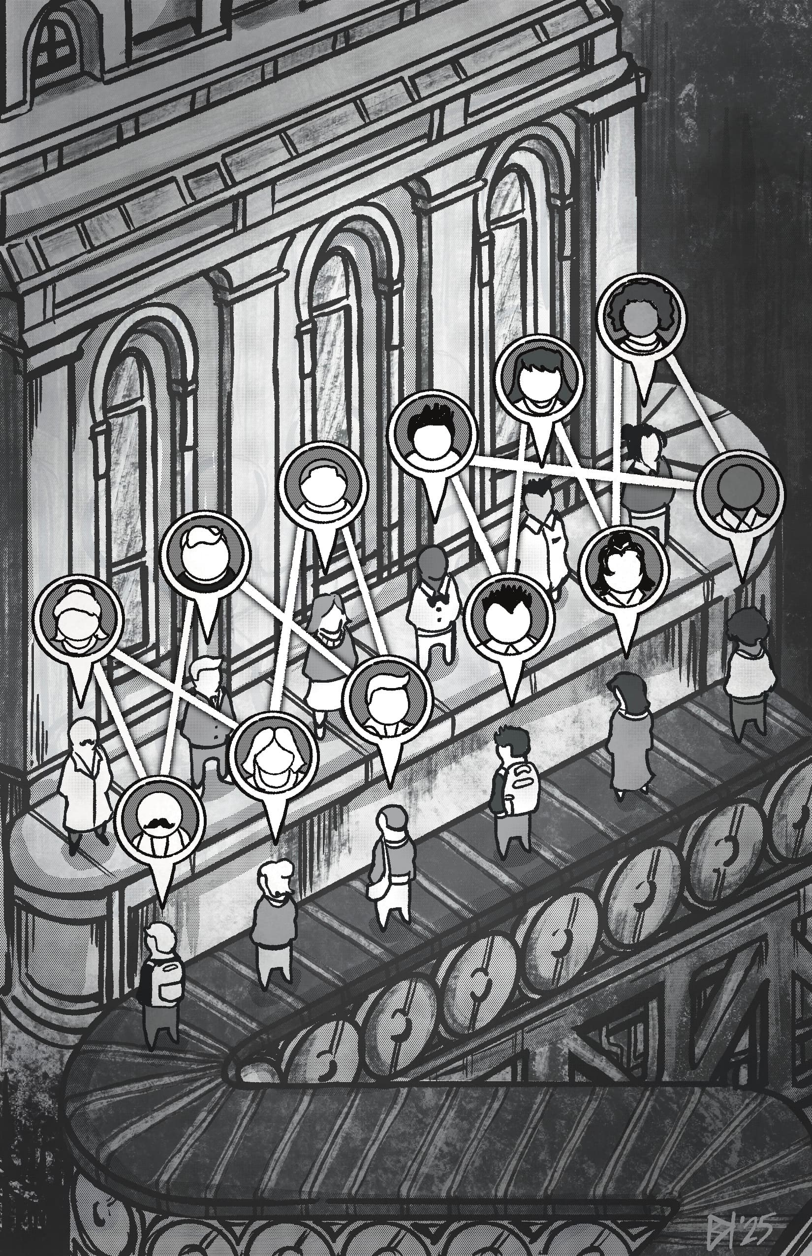 a set of students on a conveyer belt is paired with a number of professionals across a chasm from them