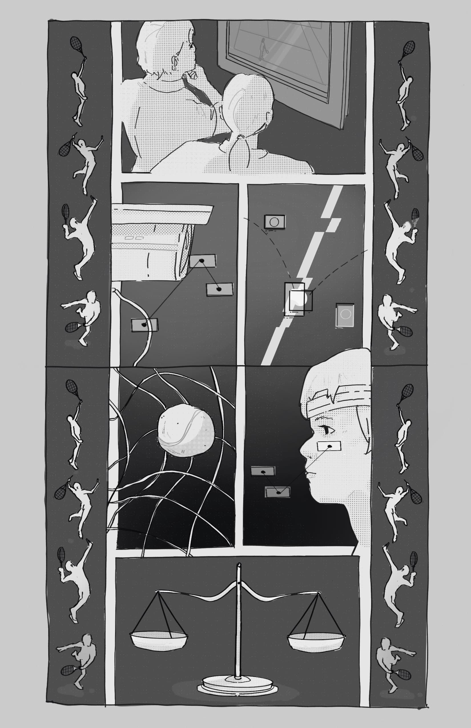 a variety of scenes relating to tennis — serves, cameras, review screens, scales of justice