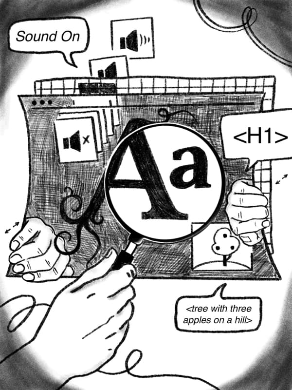 a hand holds a magnifying glass up to a browser window, examining a lowercase and uppercase letter A