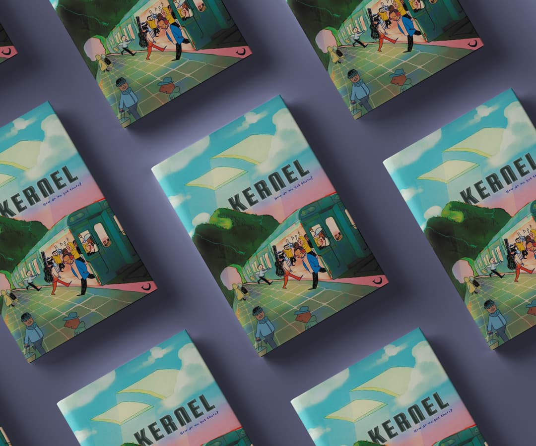 Multiple copies of Kernel arranged in a diagonal grid pattern floating atop a lilac background