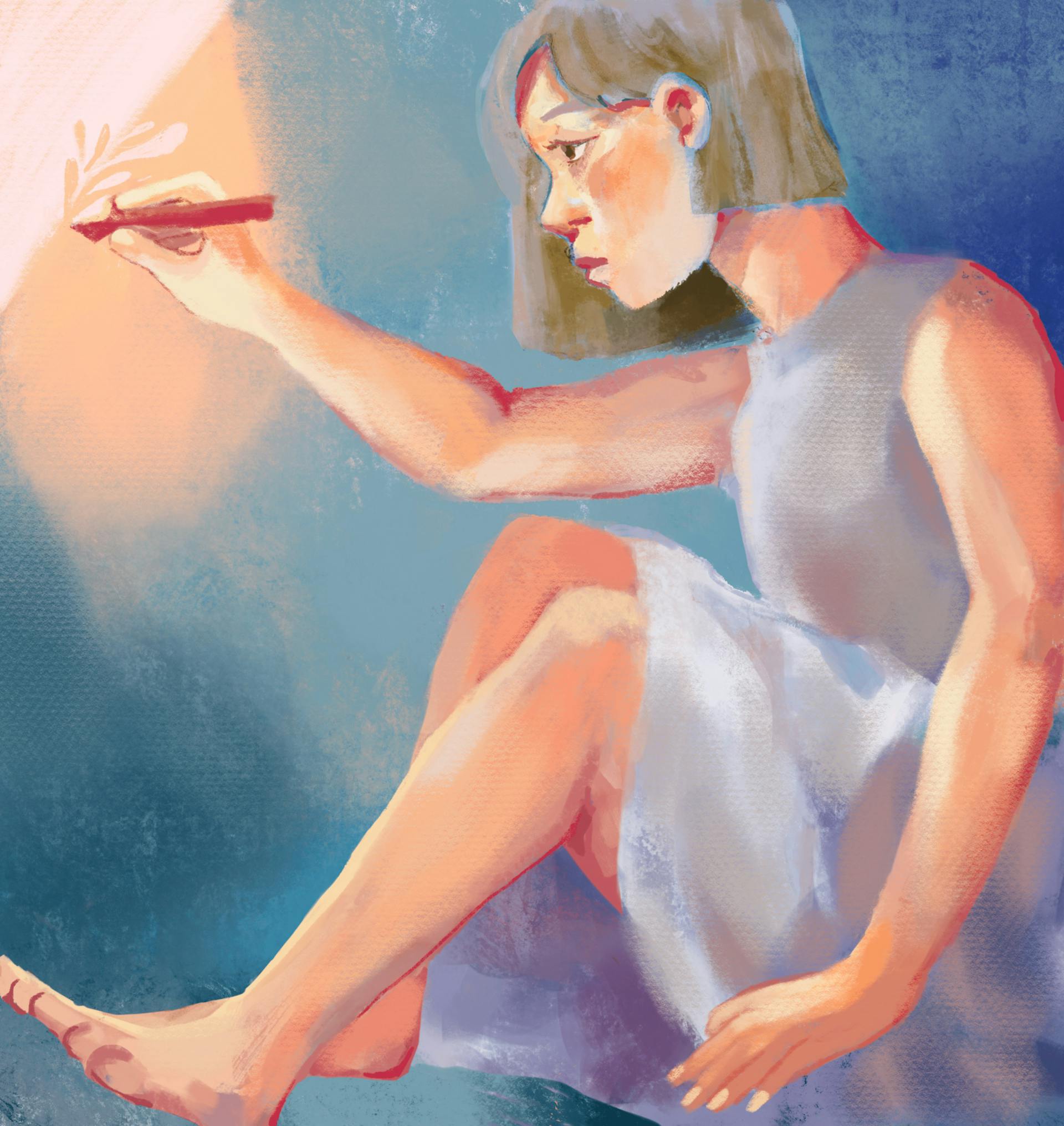 A digital painting of a focused woman sitting on the ground and drawing a rectangle