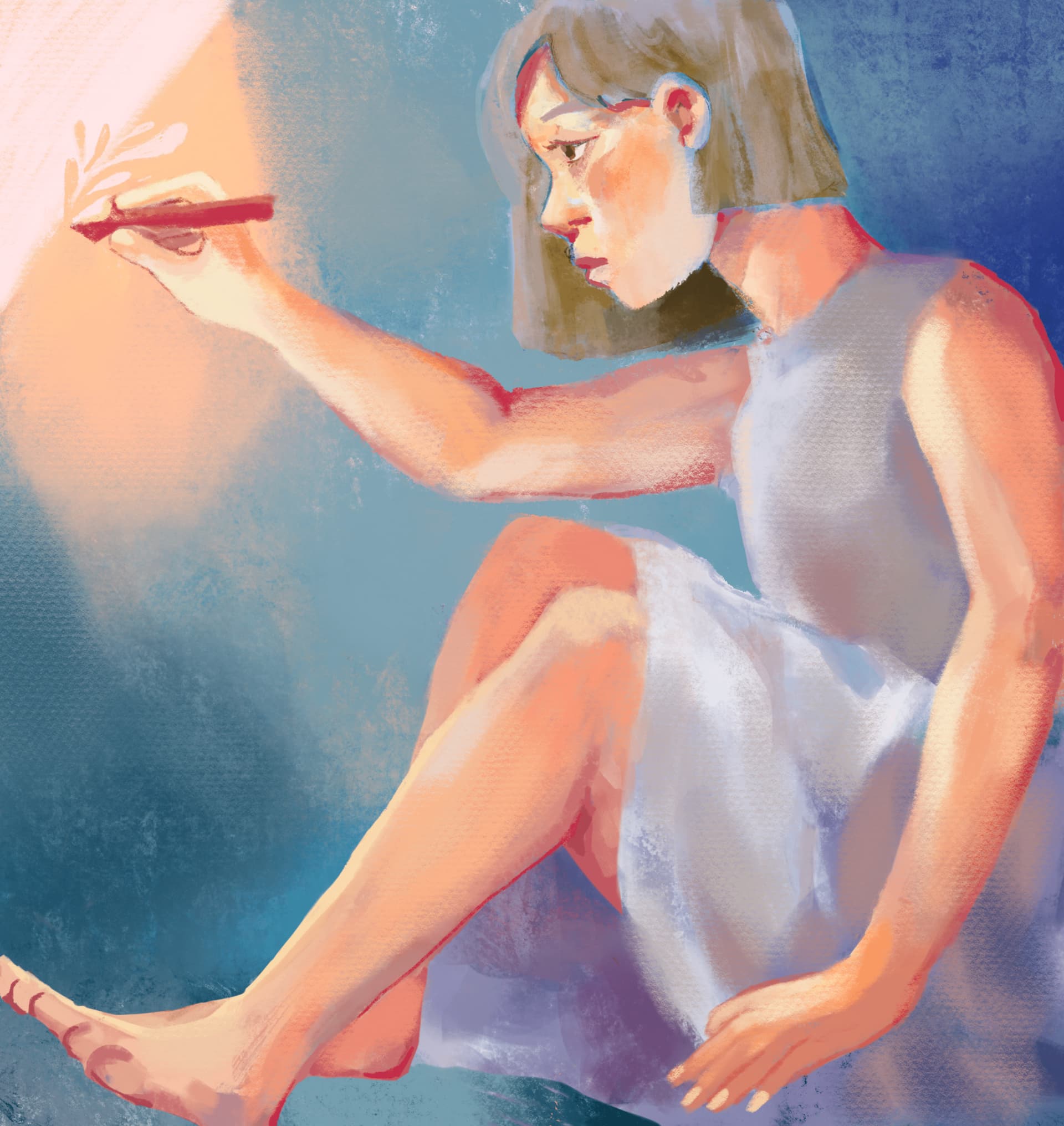 A digital painting of a focused woman sitting on the ground and drawing a rectangle