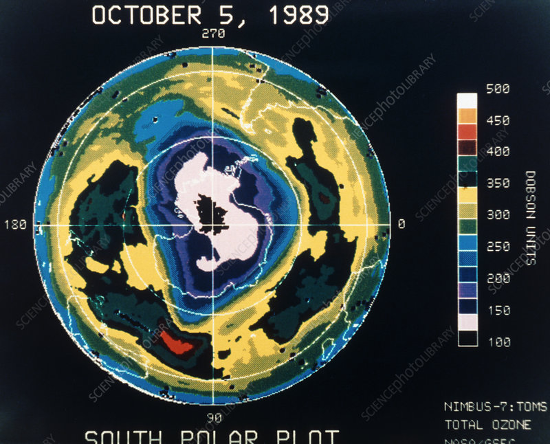 The Nimbus 7 TOMS Ozone Map of Antarctica from October 5, 1989. This map shows the ozone hole over Antarctica.