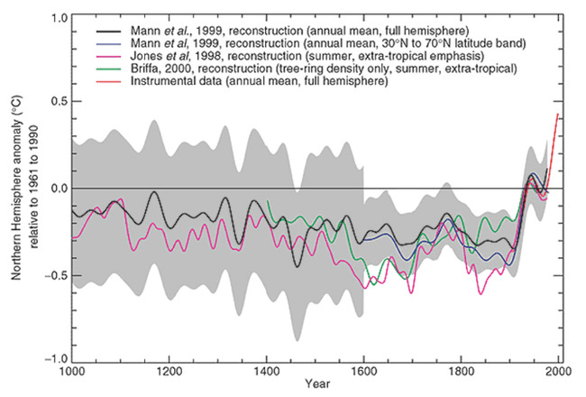 This graph plots the northern hemisphere anomaly in degrees Celsius relative to 1961 to 1990 to the year. There is a radical "hockey stick" shaped upturn on the right side of the axis, marking the beginning of the industrial revolution.