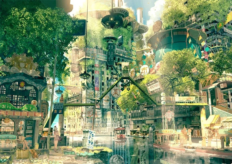 A solarpunk image where buildings are draped with greenery and a river runs through the city. The river reflects the buildings above it. The buildings are adorned with seemingly commercial signs.