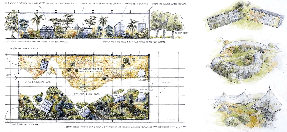 A drawing comparing the harvesting potential of two biodiverse botanical groupings.