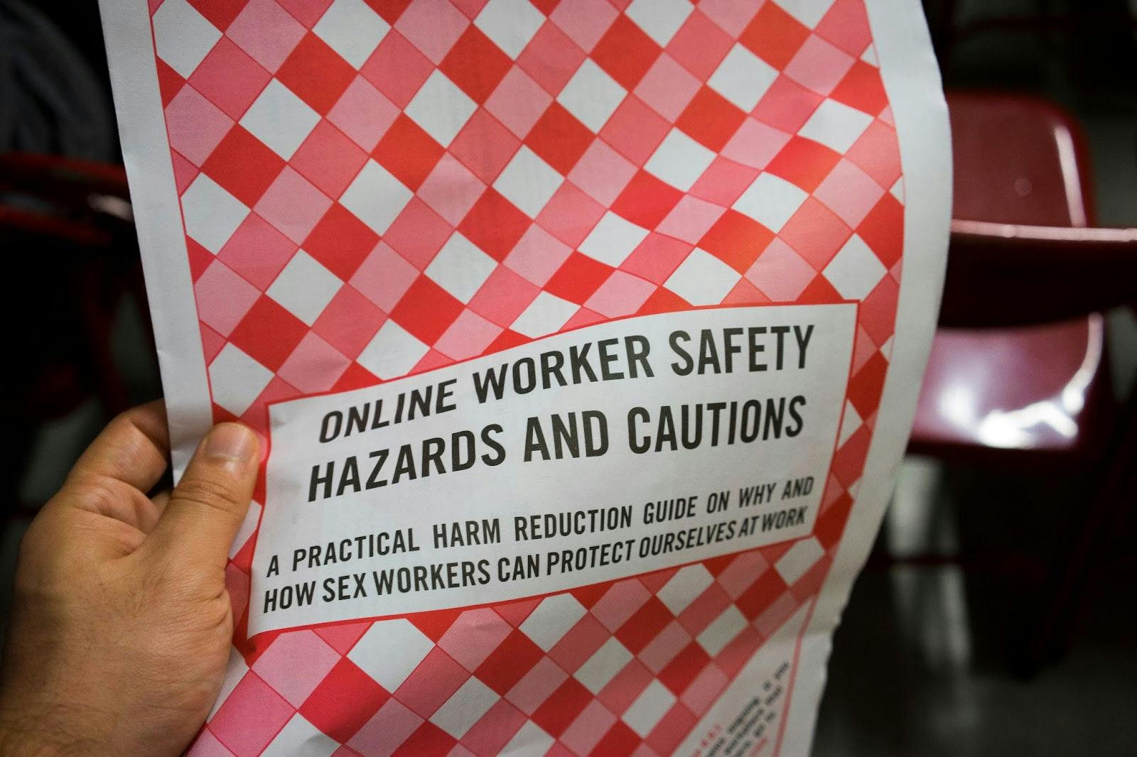A flyer that reads, "Online worker safety hazards and cautions: A practical harm reduction guide on why and how sex workers can protect ourselves at work."