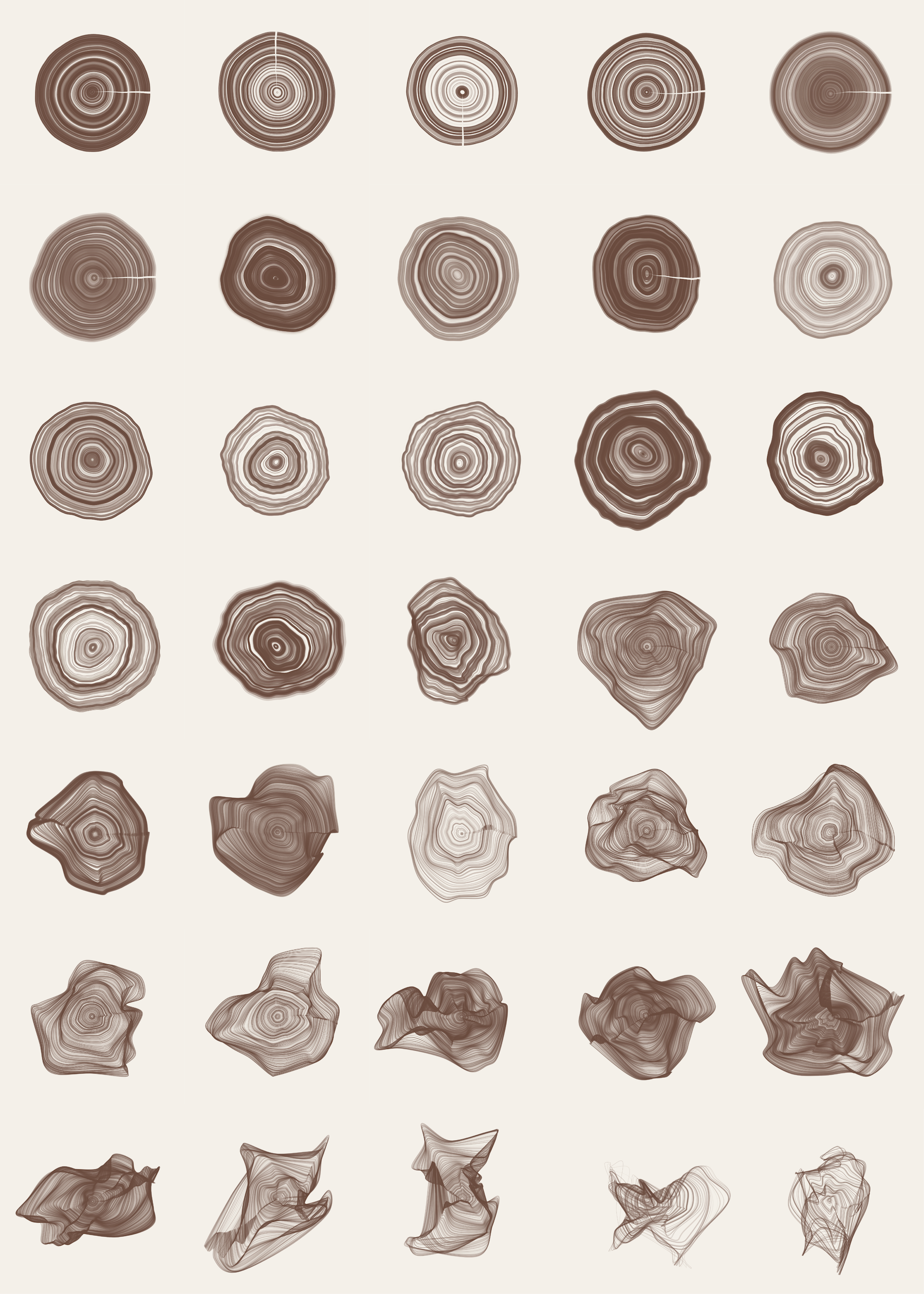 A grid of digitally rendered cross sections of trees in brown and sepia tones