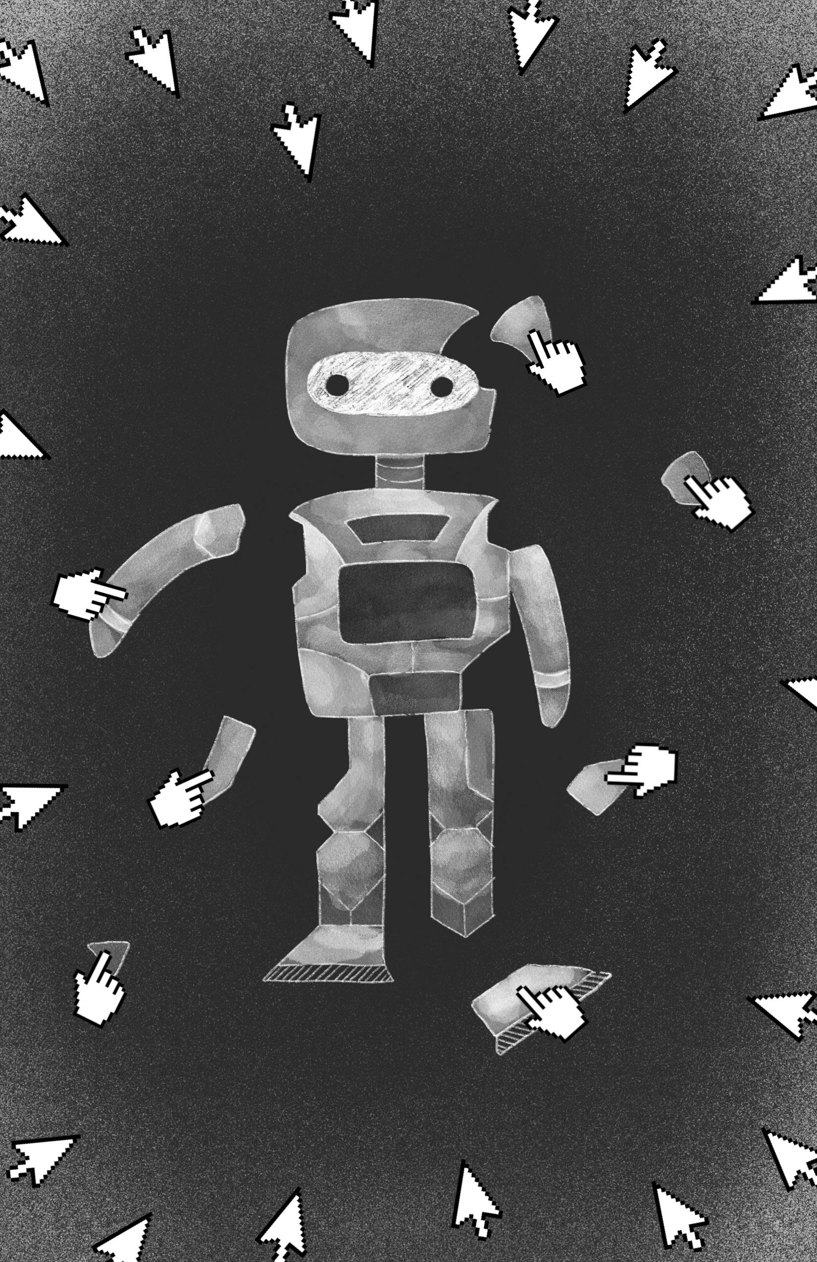 A robot is in the middle surrounded by various mouse cursors clicking on him, stealing variouys parts of his body