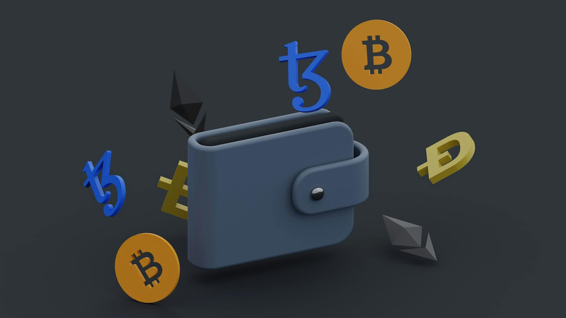 A 3D render of a gray wallet surrounded by the icons associated with various cryptocurrencies