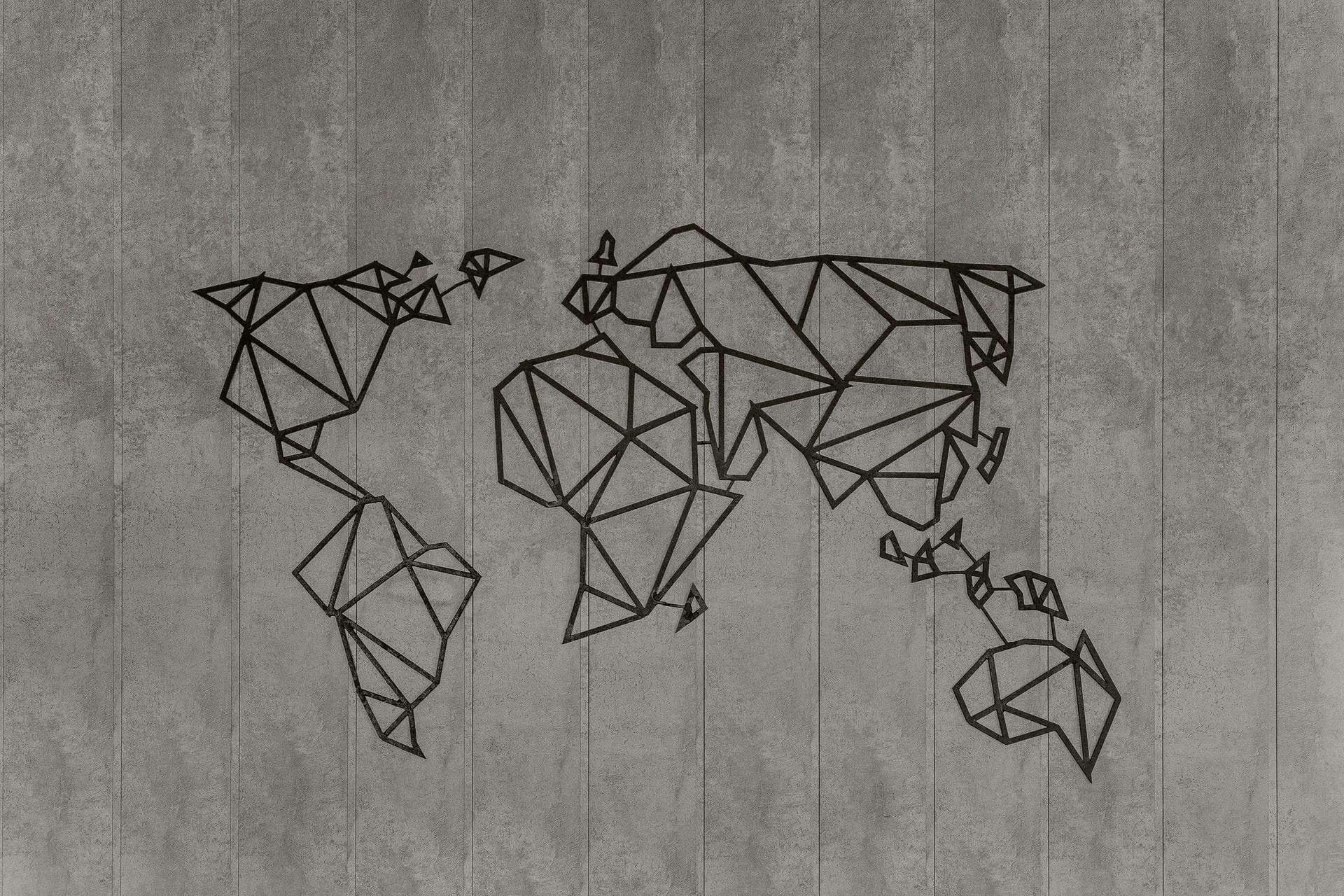 An abstract rendering of world map where continents are represented as black unfilled polygons split into polygons set against a gray textured background